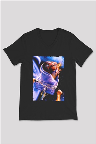 Unisex E.T. (E.T. the Extra-Terrestrial) Baskılı Siyah V Yaka Tshirt