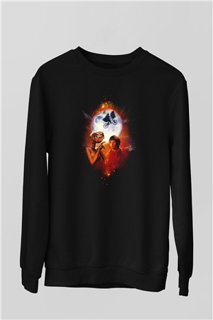 Unisex E.T. (E.T. the Extra-Terrestrial) Baskılı Siyah Sweatshirt