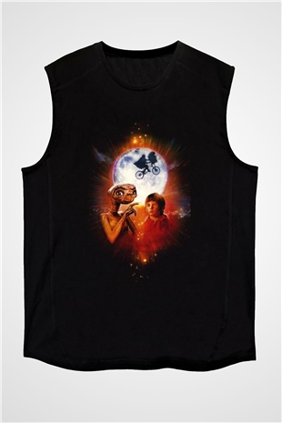 Unisex E.T. (E.T. the Extra-Terrestrial) Baskılı Siyah Kolsuz Tişört