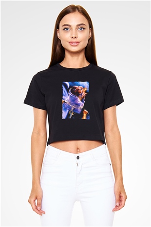 Unisex E.T. (E.T. the Extra-Terrestrial) Baskılı Siyah Crop Top Tshirt