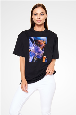 Unisex E.T. (E.T. the Extra-Terrestrial) Baskılı Siyah Oversize Tshirt