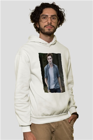 Unisex Edward Cullen Baskılı Beyaz Kapüşonlu Sweatshirt