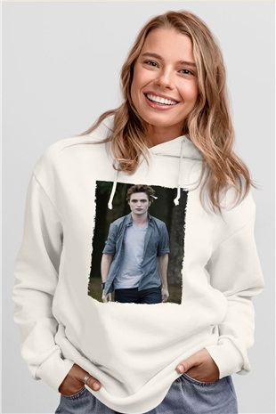 Unisex Edward Cullen Baskılı Beyaz Kapüşonlu Sweatshirt
