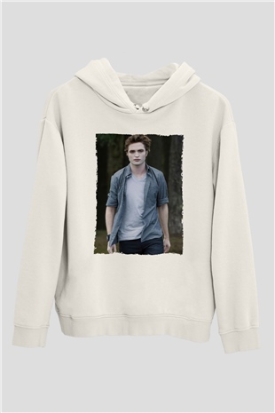 Unisex Edward Cullen Baskılı Beyaz Kapüşonlu Sweatshirt
