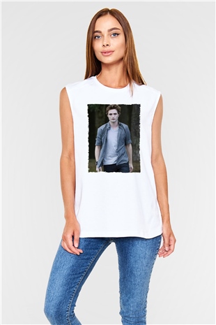 Unisex Edward Cullen Baskılı Beyaz Kolsuz Tshirt