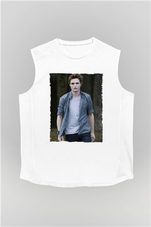 Unisex Edward Cullen Baskılı Beyaz Kolsuz Tshirt
