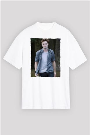 Unisex Edward Cullen Baskılı Beyaz Oversize Oversize T-shirt