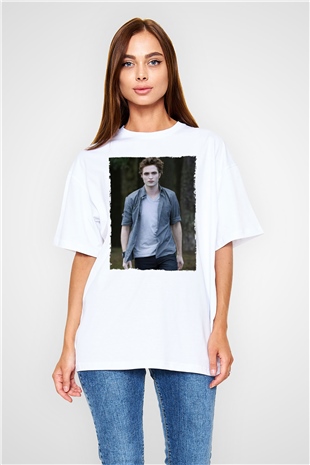 Unisex Edward Cullen Baskılı Beyaz Oversize Oversize T-shirt
