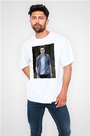 Unisex Edward Cullen Baskılı Beyaz Oversize Oversize T-shirt