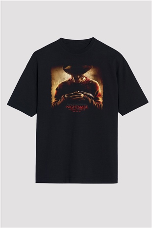 Unisex Elm Sokağında Kâbus (A Nightmare on Elm Street) Baskılı Siyah Oversize Tişört