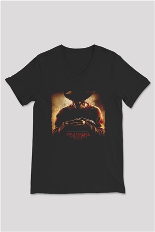 Unisex Elm Sokağında Kâbus (A Nightmare on Elm Street) Baskılı Siyah V Yaka Tişört