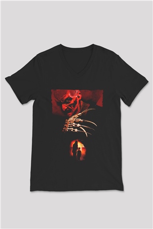 Unisex Elm Sokağında Son Kabus (Wes Cravens New Nightmare) Baskılı Siyah V Yaka T-shirt
