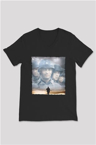 Unisex Er Ryanı Kurtarmak (Saving Private Ryan) Baskılı Siyah V Yaka Tişört