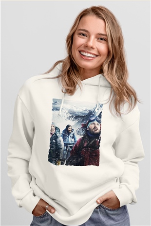 Unisex Everest Dağı Baskılı Beyaz Kapüşonlu Sweatshirt