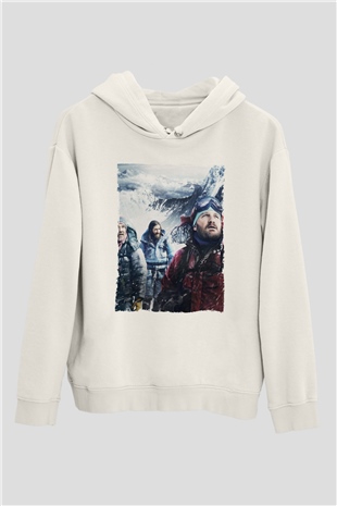 Unisex Everest Dağı Baskılı Beyaz Kapüşonlu Sweatshirt