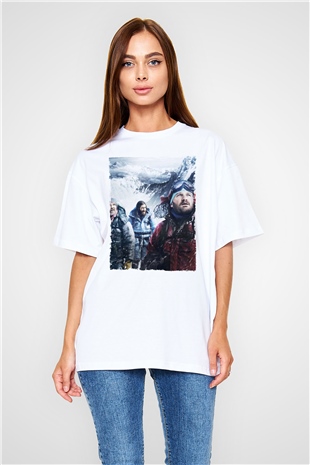 Unisex Everest Dağı Baskılı Beyaz Oversize Oversize T-shirt