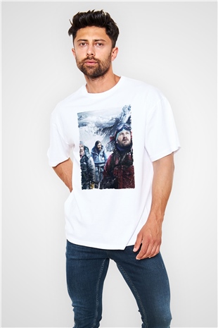 Unisex Everest Dağı Baskılı Beyaz Oversize Oversize T-shirt