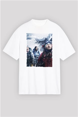 Unisex Everest Dağı Baskılı Beyaz Oversize Oversize T-shirt