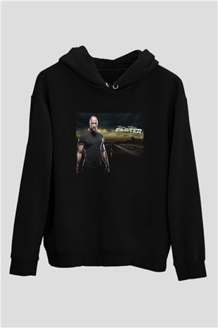Unisex Faster Baskılı Siyah Kapüşonlu Sweatshirt