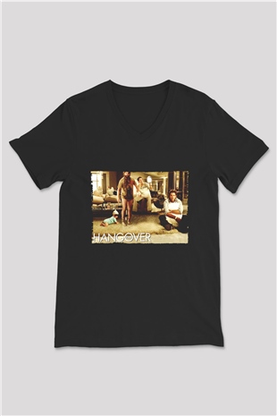 Unisex Felekten Bir Gece (The Hangover) Baskılı Siyah V Yaka Tshirt