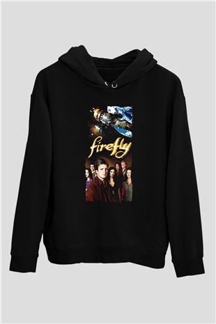 Unisex Firefly Baskılı Siyah Kapüşonlu Sweatshirt