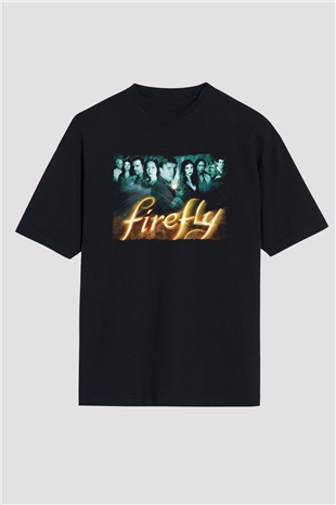 Unisex Firefly Baskılı Siyah Unisex Oversize Tişört