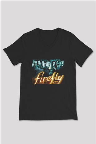 Unisex Firefly Baskılı Siyah Unisex V Yaka Tişört