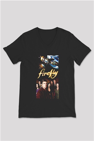 Unisex Firefly Baskılı Siyah V Yaka Tişört