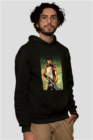 Unisex First Blood Baskılı Siyah Kapüşonlu Sweatshirt