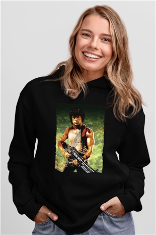 Unisex First Blood Baskılı Siyah Kapüşonlu Sweatshirt