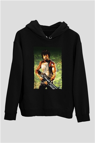 Unisex First Blood Baskılı Siyah Kapüşonlu Sweatshirt