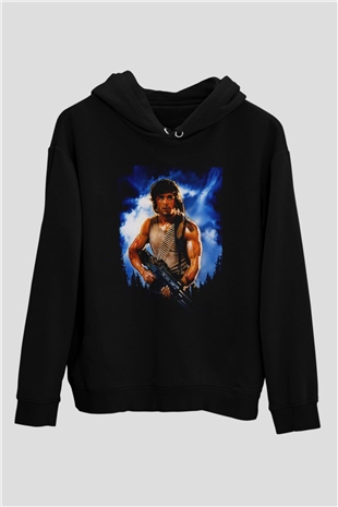 Unisex First Blood Baskılı Siyah Kapüşonlu Sweatshirt