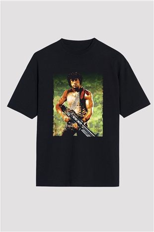 Unisex First Blood Baskılı Siyah Oversize Tişört