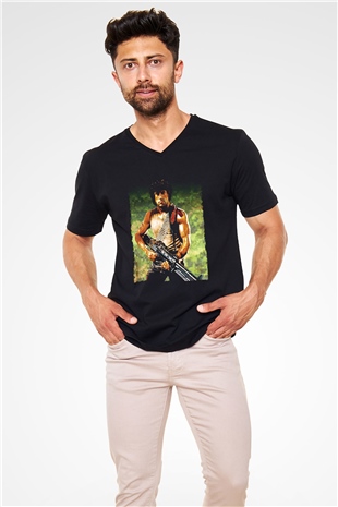 Unisex First Blood Baskılı Siyah V Yaka Tişört