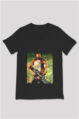 Unisex First Blood Baskılı Siyah V Yaka Tişört