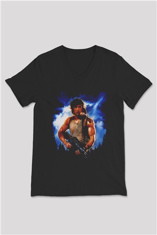 Unisex First Blood Baskılı Siyah V Yaka Tshirt