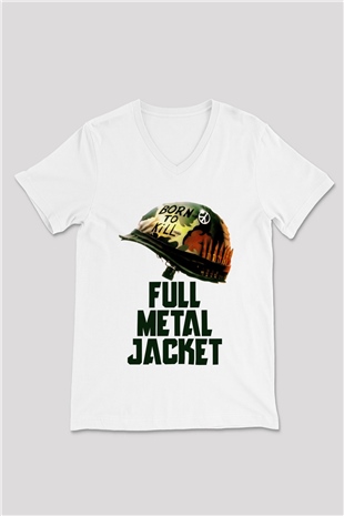 Unisex Full Metal Jacket Baskılı Beyaz V Yaka Tshirt