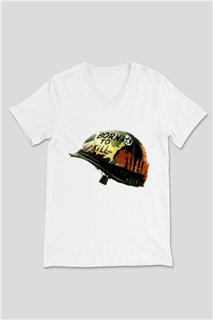 Unisex Full Metal Jacket Baskılı Beyaz V Yaka Tişört