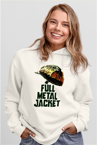 Unisex Full Metal Jacket Baskılı Beyaz Kapüşonlu Sweatshirt