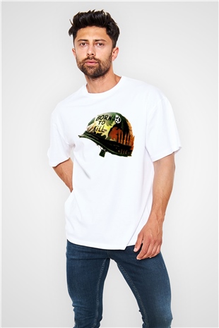 Unisex Full Metal Jacket Baskılı Beyaz Oversize Tişört