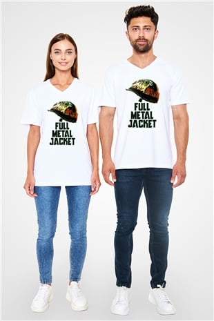Unisex Full Metal Jacket Baskılı Beyaz V Yaka Tshirt
