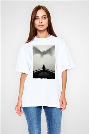 Unisex Game of Thrones Baskılı Beyaz Oversize Tişört