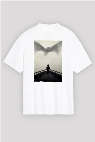 Unisex Game of Thrones Baskılı Beyaz Oversize Tişört