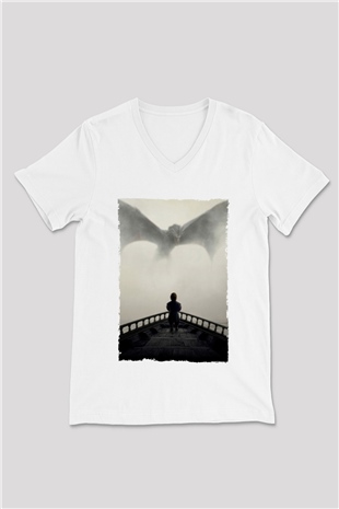 Unisex Game of Thrones Baskılı Beyaz V Yaka Tişört