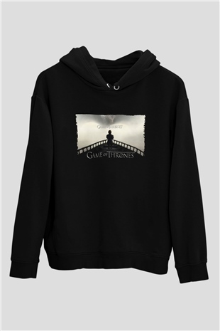 Unisex Game of Thrones Baskılı Siyah Kapüşonlu Sweatshirt