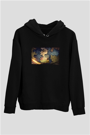Unisex Game of Thrones Baskılı Siyah Kapüşonlu Sweatshirt