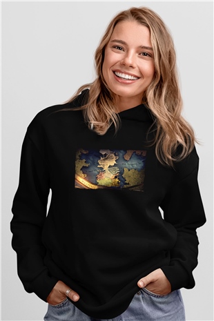 Unisex Game of Thrones Baskılı Siyah Kapüşonlu Sweatshirt