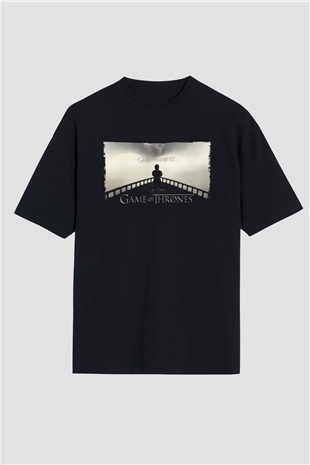 Unisex Game of Thrones Baskılı Siyah Oversize Tişört