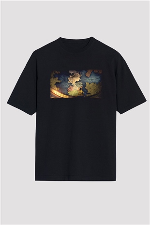 Unisex Game of Thrones Baskılı Siyah Oversize T-shirt