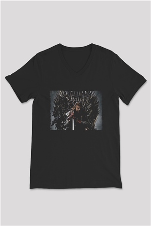 Unisex Game of Thrones Baskılı Siyah Unisex V Yaka Tshirt